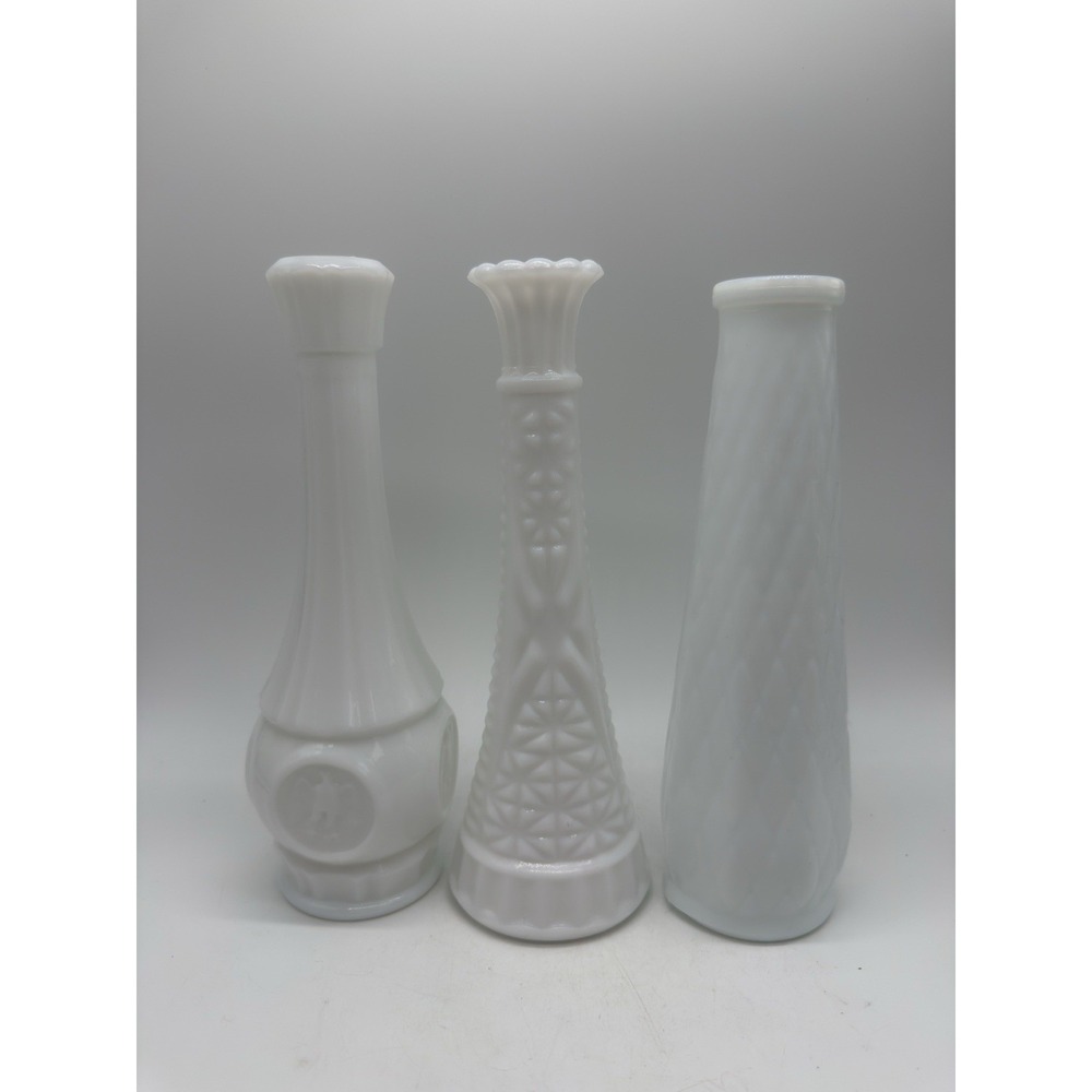 Milk Glass Bud Vase Lot of 3 Anchor Hocking Wheaton Brody Wedding Cottage Core